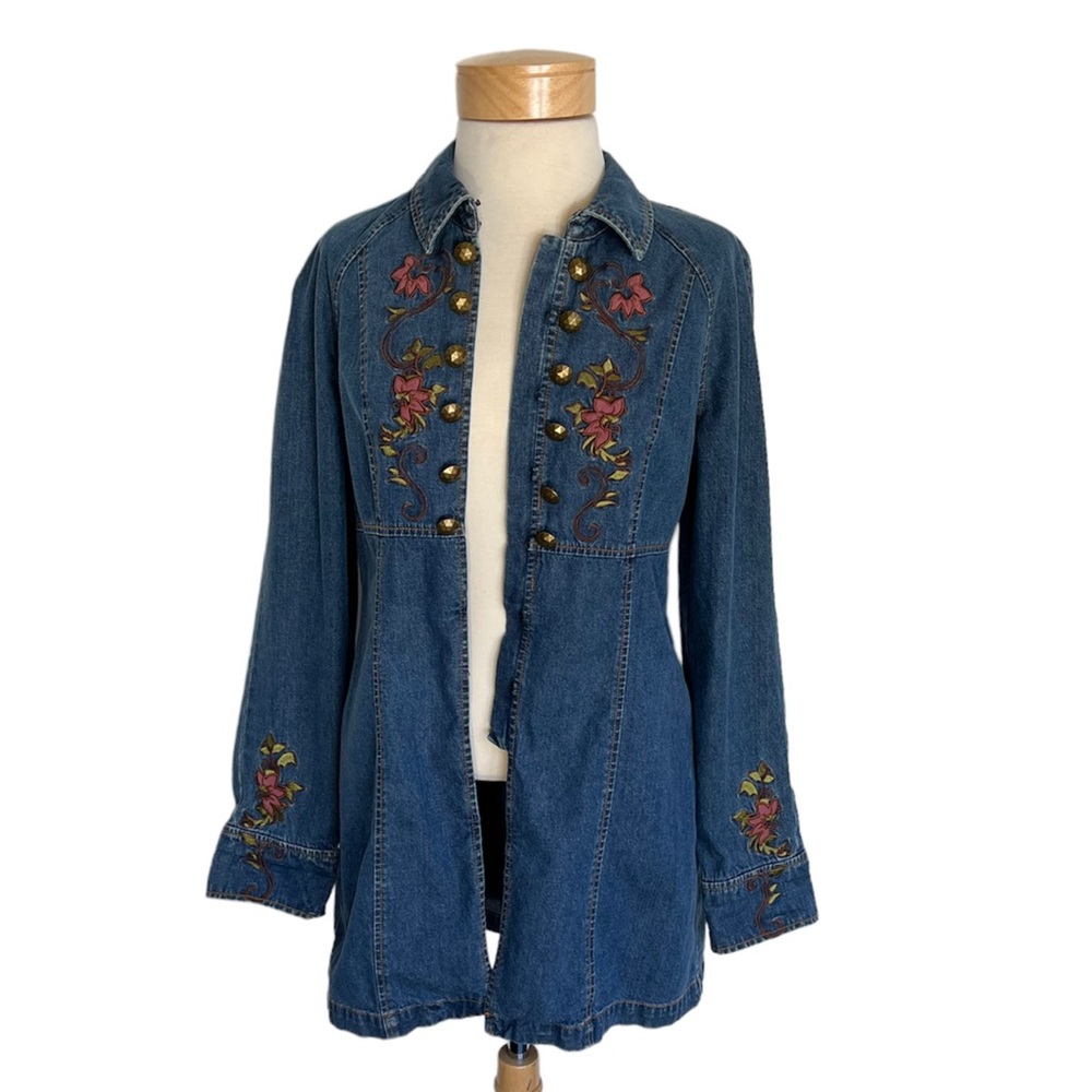 acacia swimwear Blue Denim Jacket with Pink Floral Embroidery